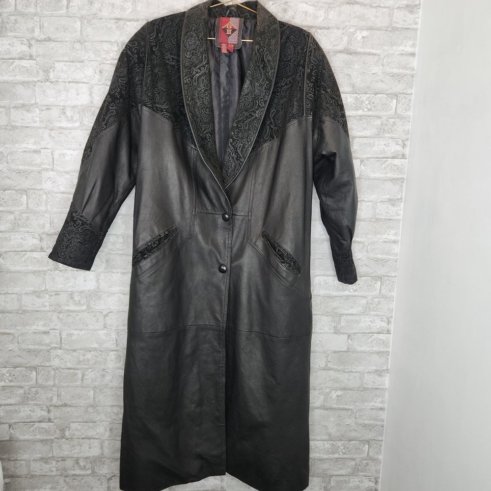 Vintage 80s G-III Leather Long Coat Paisley Embossed Western Goth Western Large